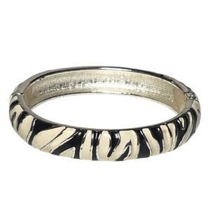 Vintage Black Ivory Zebra Stripe Hinged Bangle Bracelet Safari Glam Y2K